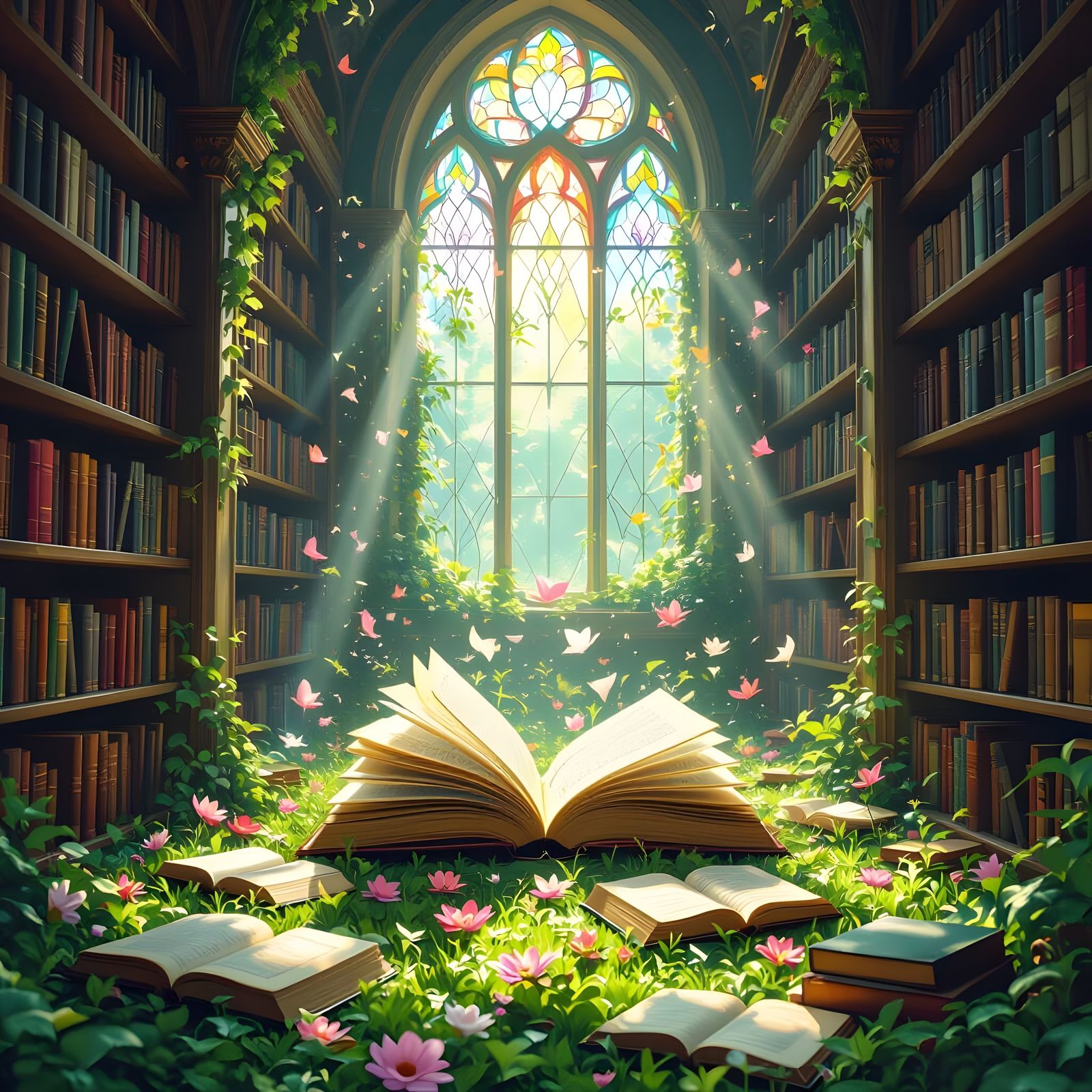 Surreal Library of Blossoming Books in Dreamlike Style