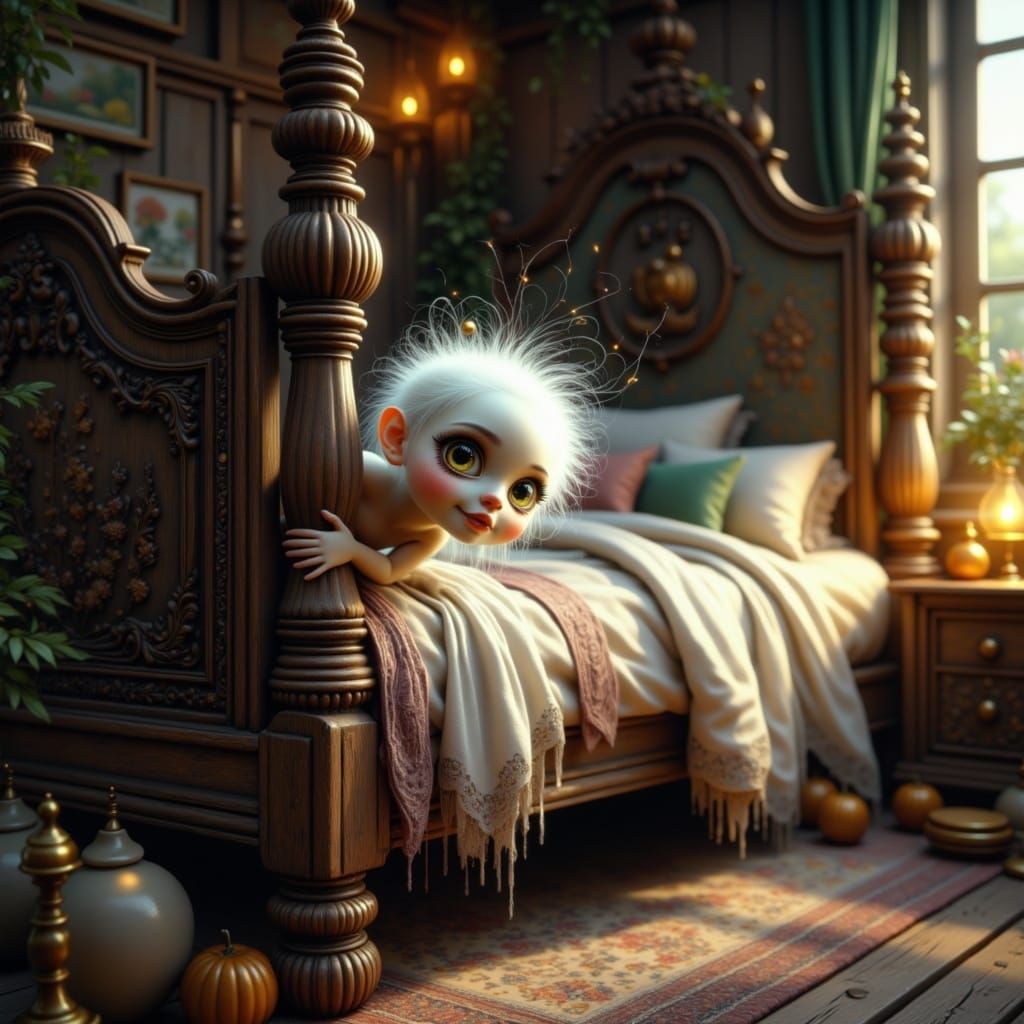 a tiny white ghost under the bed, peering around the bedpost :: lots of dustfluffs around :: the ghost has big astounded eyes and his mouth ...