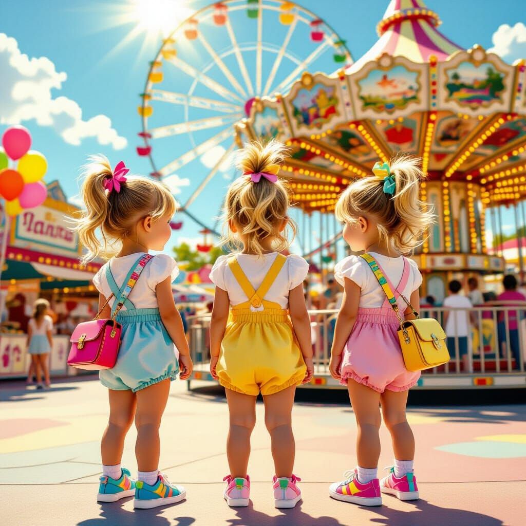 Triplets at Amusement Park in Playful Whimsical Style