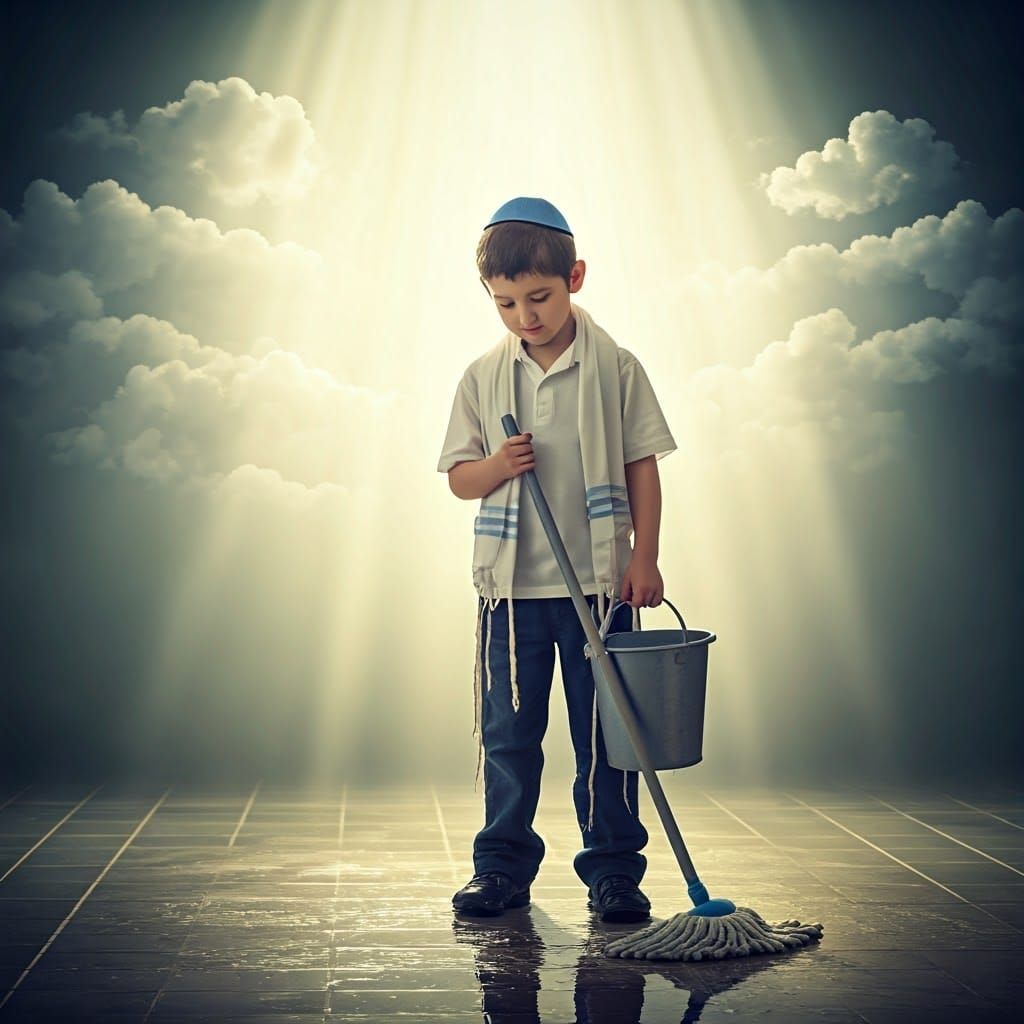 Young Boy in Serene, Heavenly Glow with Kippah and Tzitzit