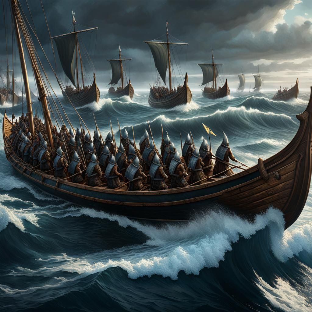 Viking long boats, full of warriors, battle the rough seas, ...