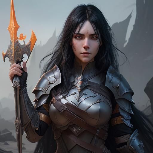 female paladin with full flowing black hair, one scar crossing her face ...