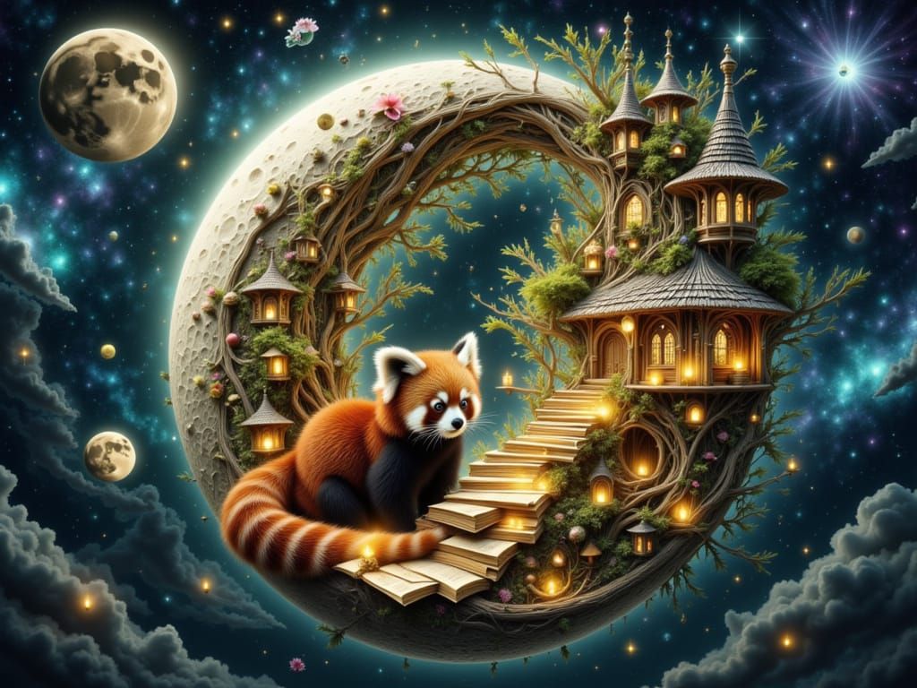 <lora:FiosCrescentMoons:1.0>  Red Panda in a Reading Haven