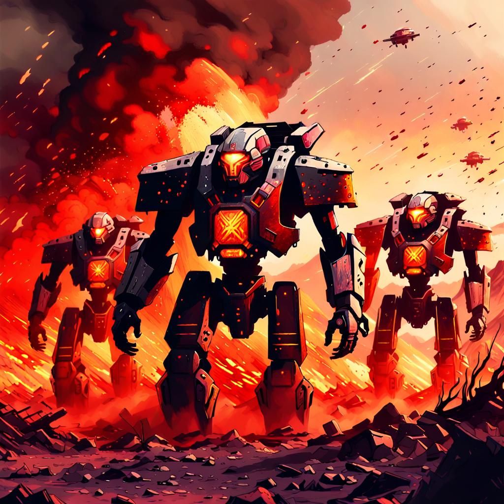  Giant armored cyborgs walking through a post-apocalyptic war landscape, ...  by @KrystofM75