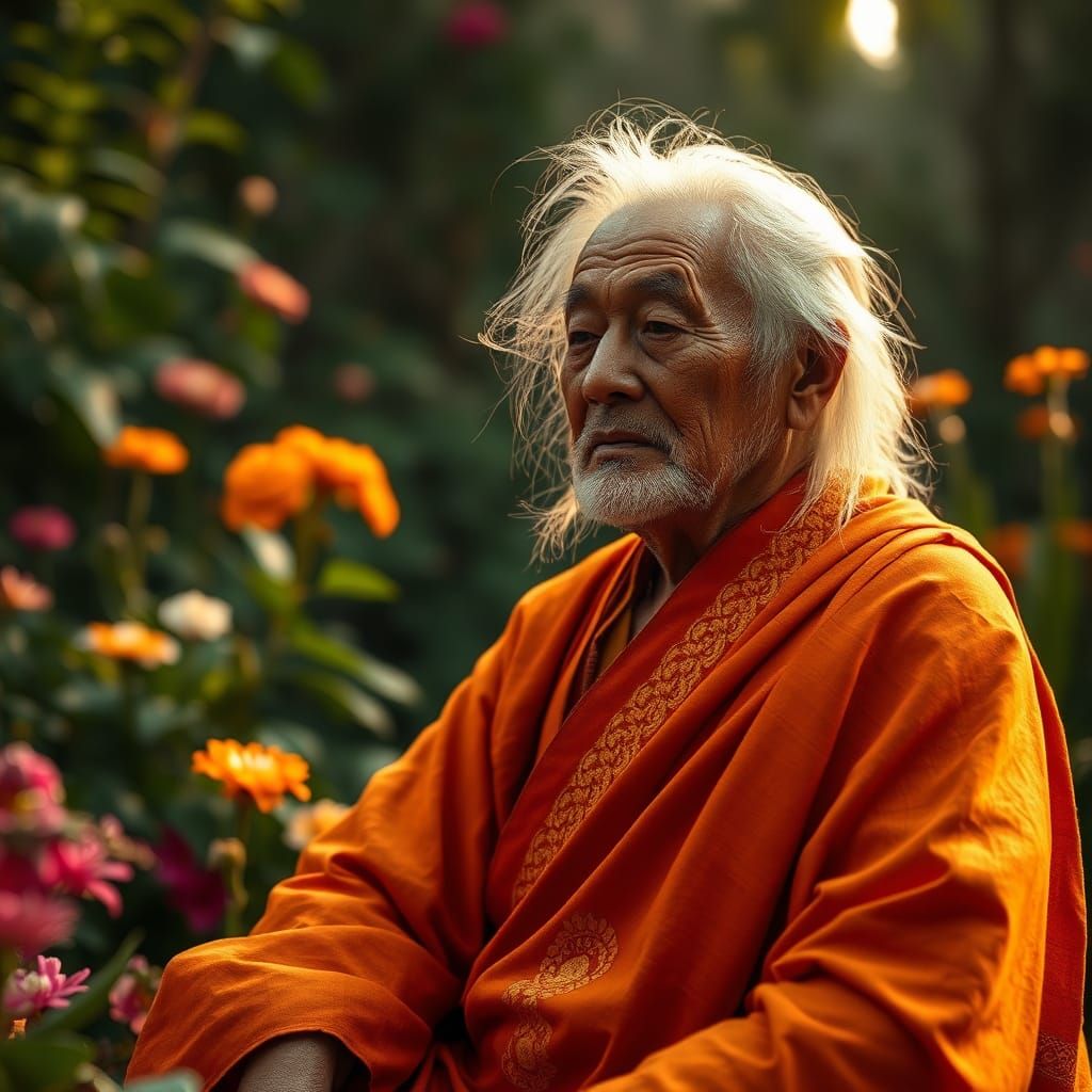 Monk Meditating in Lush Garden Oasis