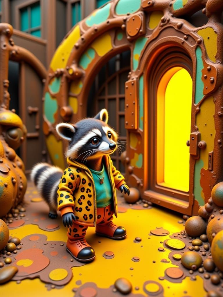Surreal Neon Portal Diorama with Raccoon