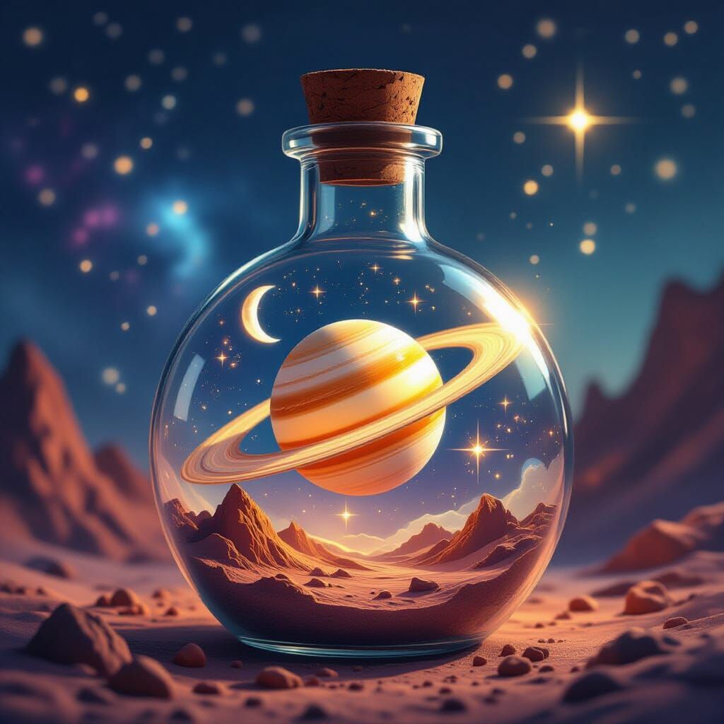 Miniature Solar System in a Bottle: Fantasy Illustration