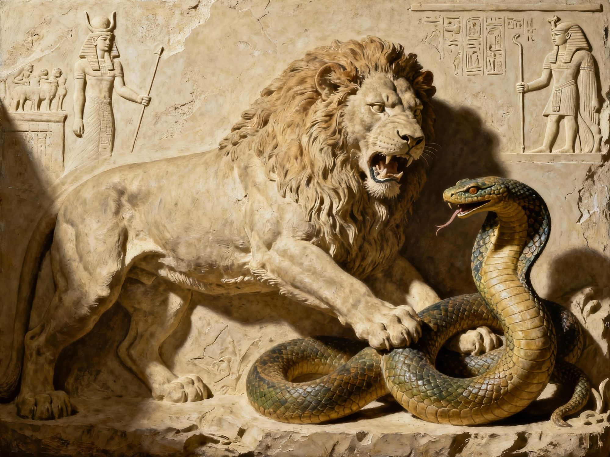 Oil painting, bas-relief, of a male lion fighting fiercely against an ancient taia serpent, in plaster beige.