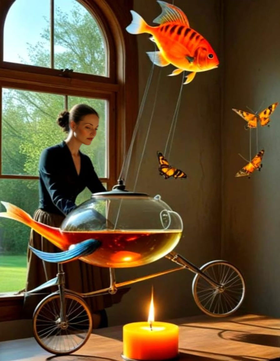 Vibrant Surrealist Lady in Whimsical Landscape