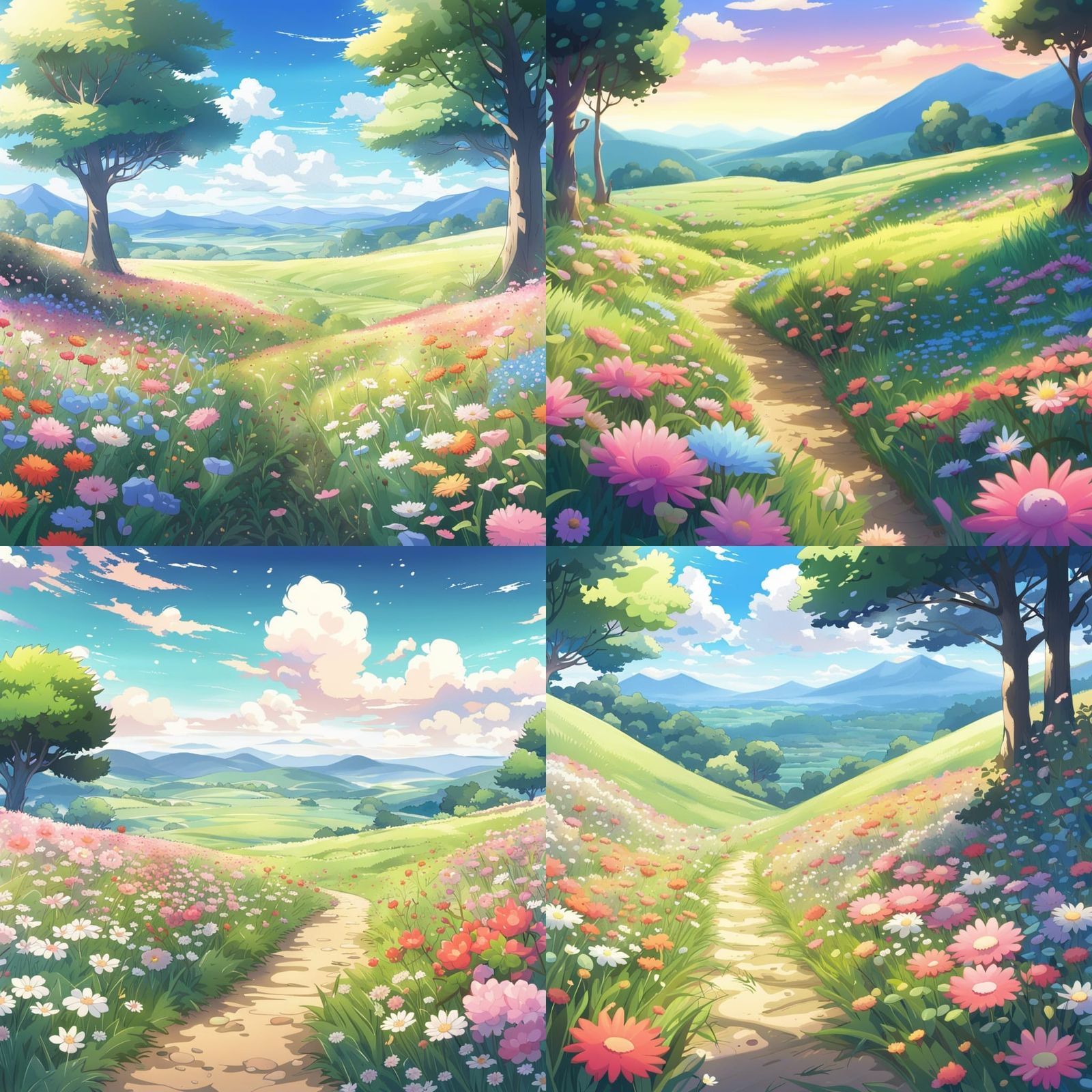 magical meadow, many colorful flowers, trees in the distance...
