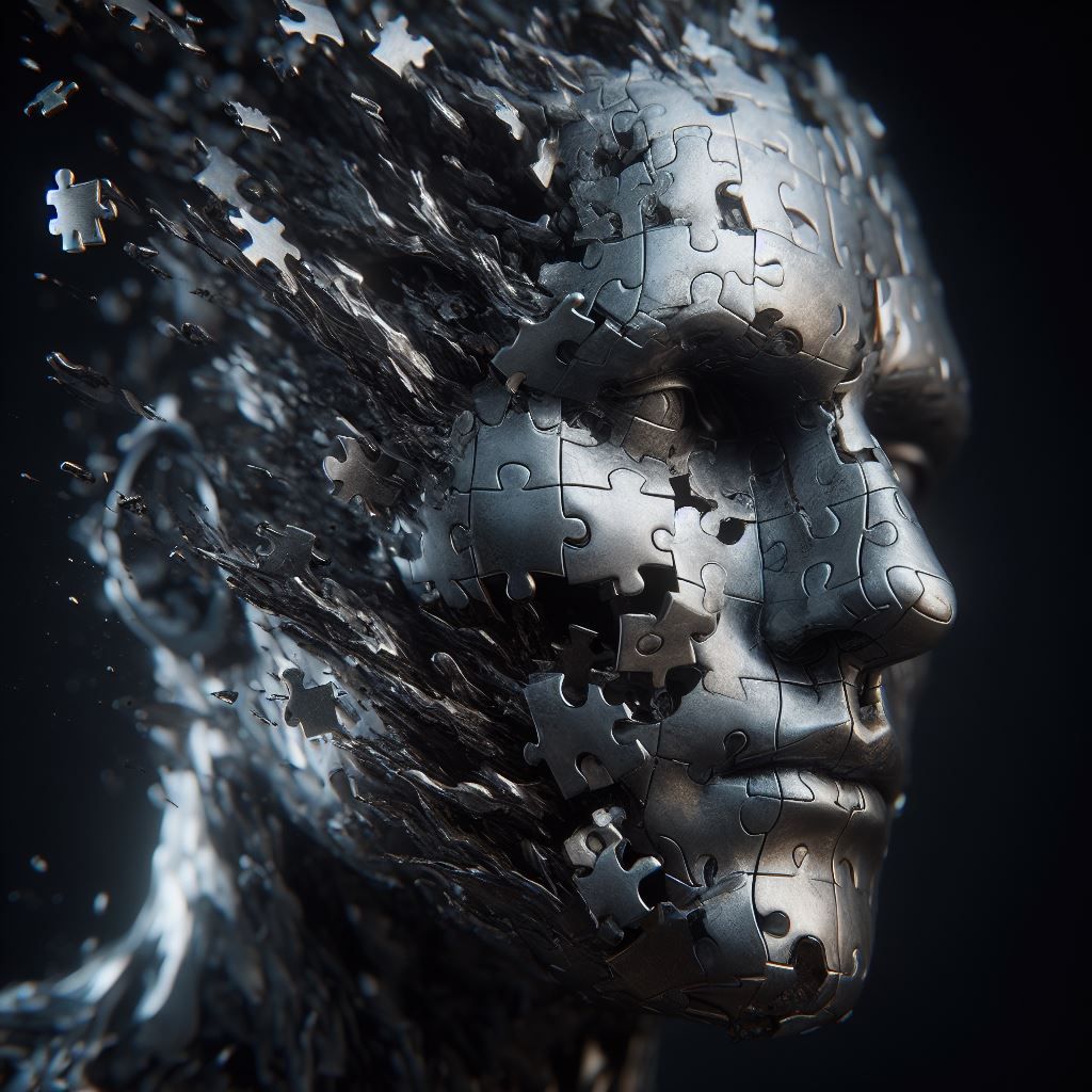 man made out of metal puzzle pieces
