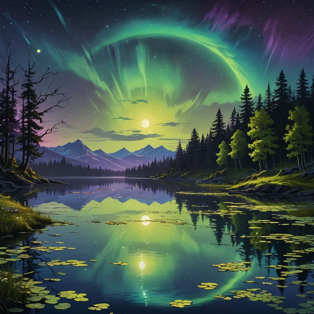 A bright night sky with florescent green and blue aurora veiling the brilliantly gleaming stars and golden ...  by @Corrigan