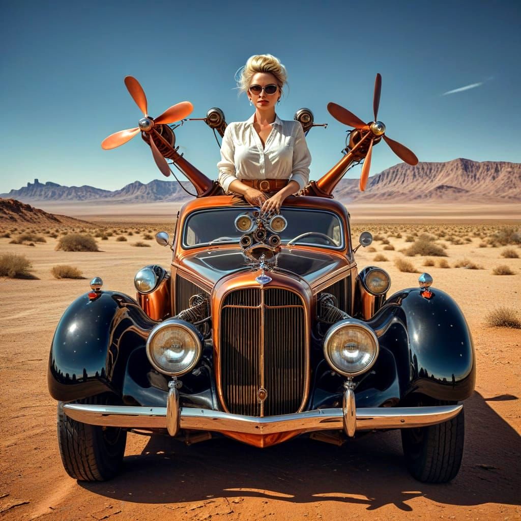 Photorealistic Woman with Surreal Antique Automobile