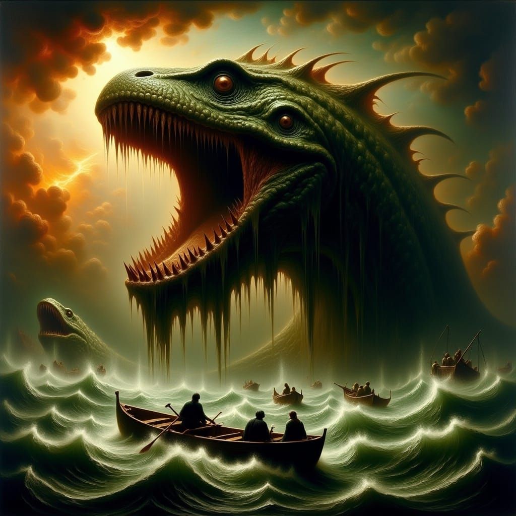 cinematic action academic art oil painting neoclassical; huge colossal horror sea monster mesosaurius head emerging from sea, in dark green...