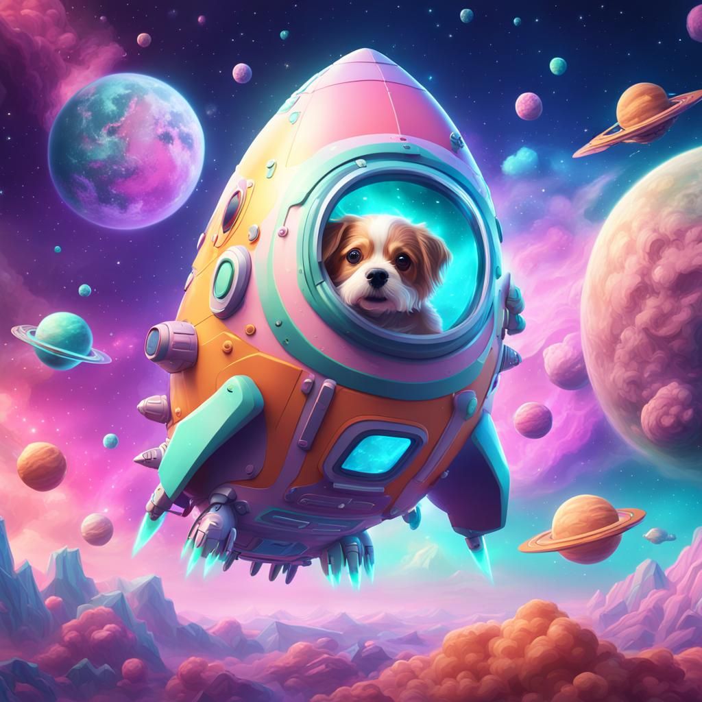Kawaii Rocket Ship with Dog in Space