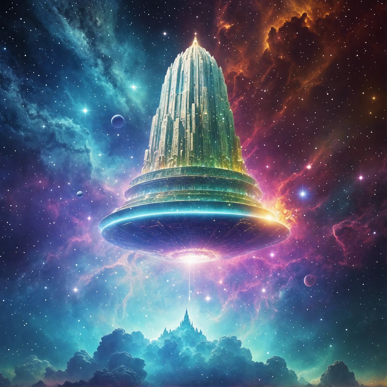A Temple floating deep in space with a nebula in the backgro...