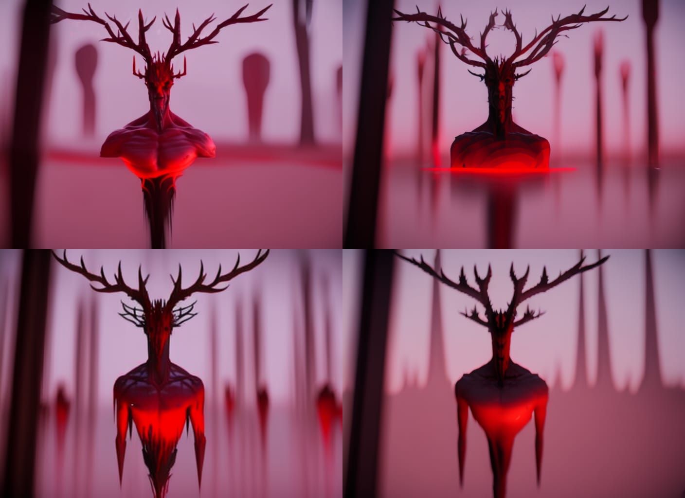 A wendigo is seen in different perspectives on many mirrors ...