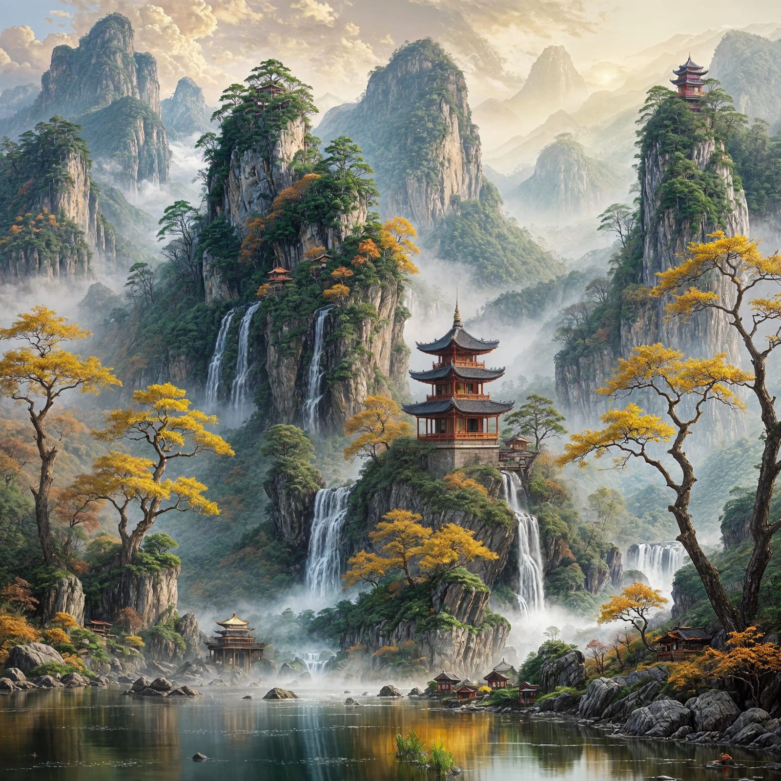 Serene Chinese Mountain Valley Oil Painting