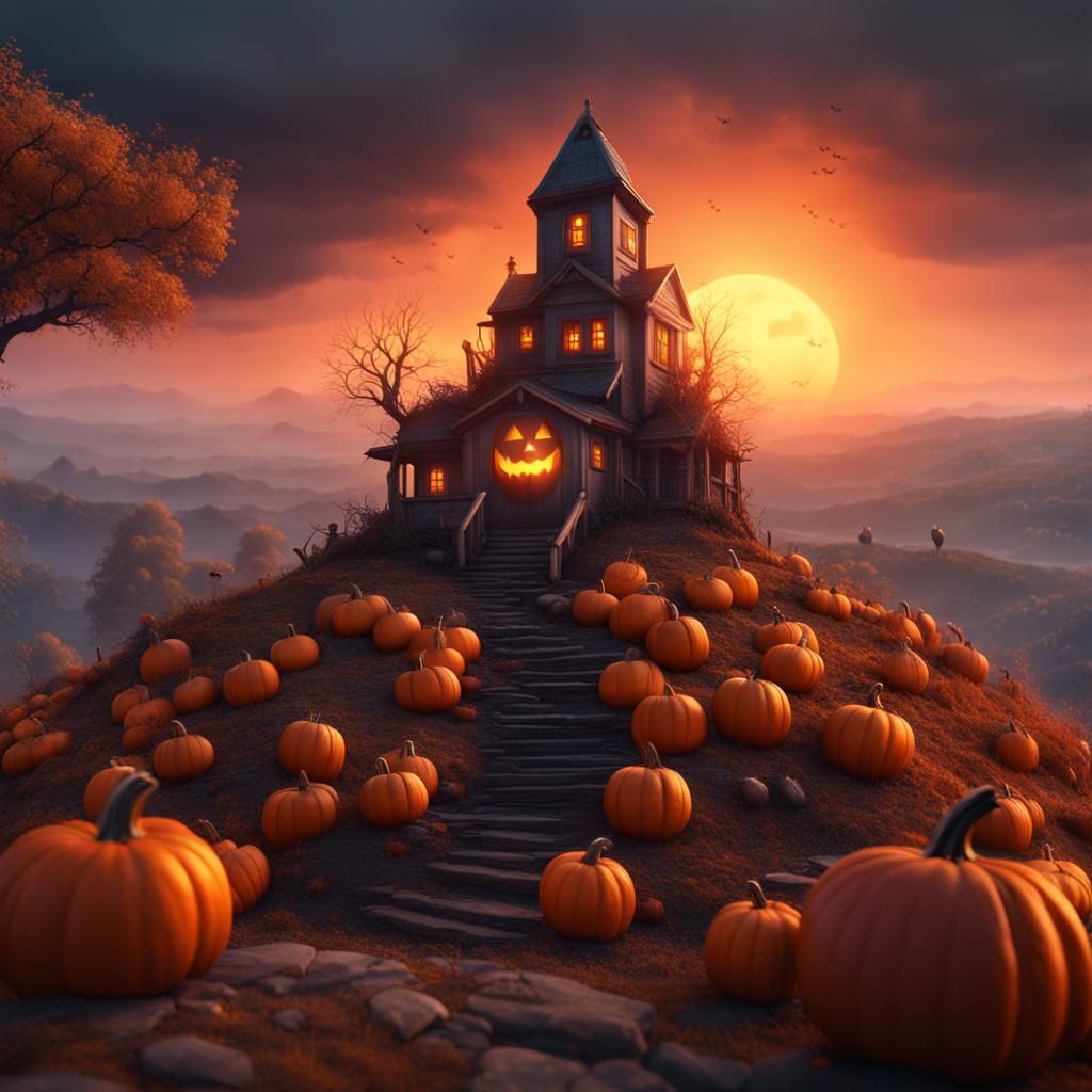 a ghost sitting at the top of a hill with a pumpkin filled w...