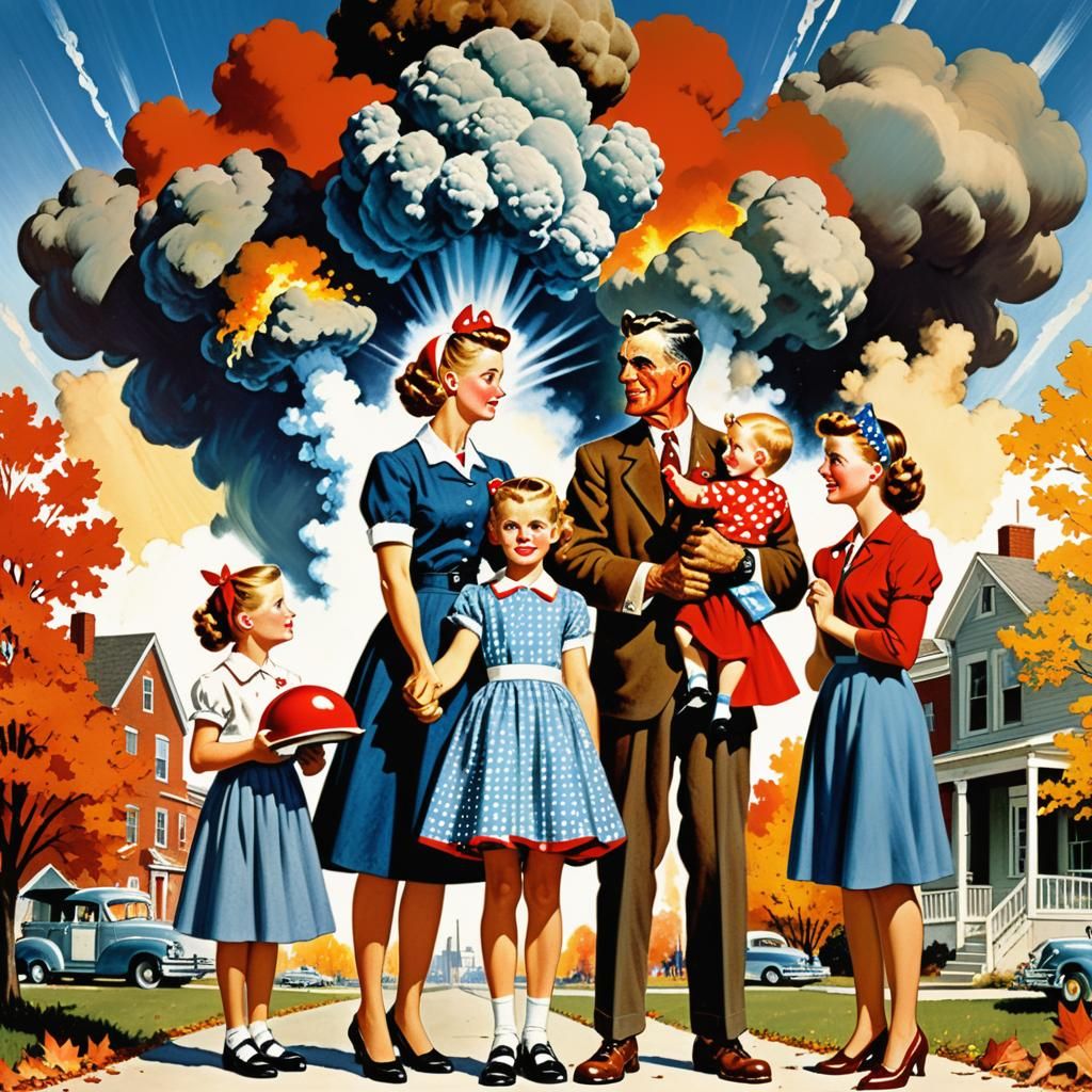 In an Autumn themed setting, Norman Rockwell style illustration of the nuclear family in the 1950s during WW2 propaganda war poster similar...