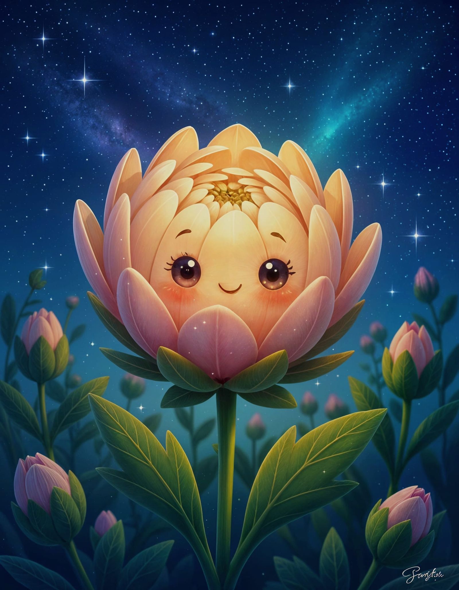 A hyperrealistic digital artwork of an adorable cute cartoonized botanical flora blossom, The skin of ...  by @g r r c