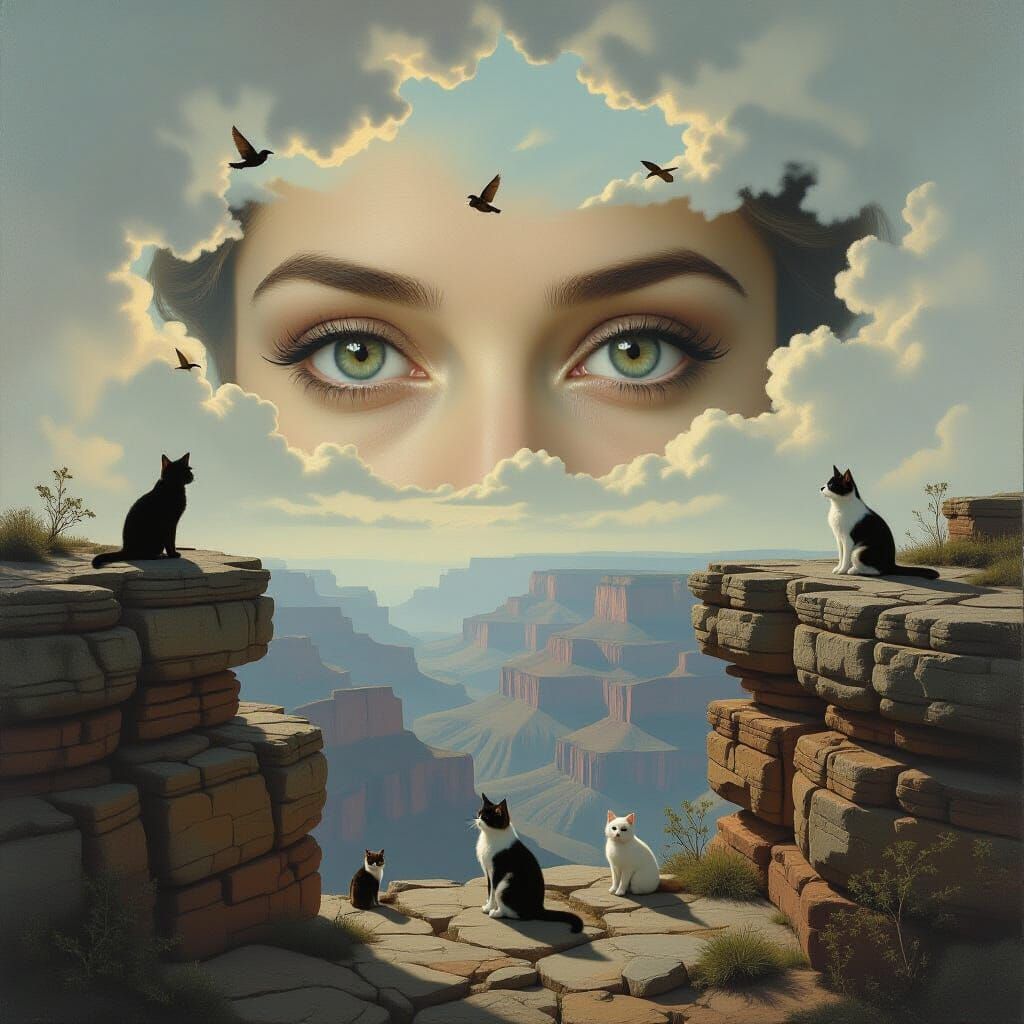 Several layers of sedimentary rock on bottom of image, lonely cats and dogs stand on rocks various positions, ...  by @Stories and Scribbles 