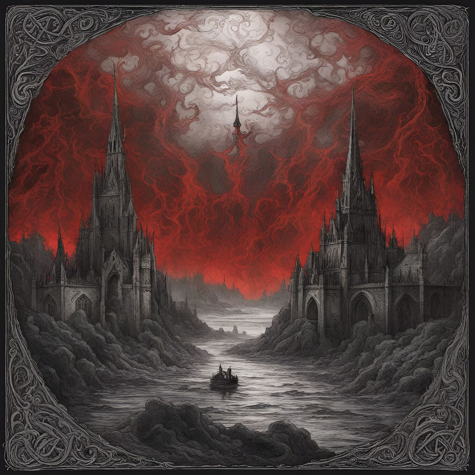 Mystic red fog scary,celtic patterns necronomicon,black meta...