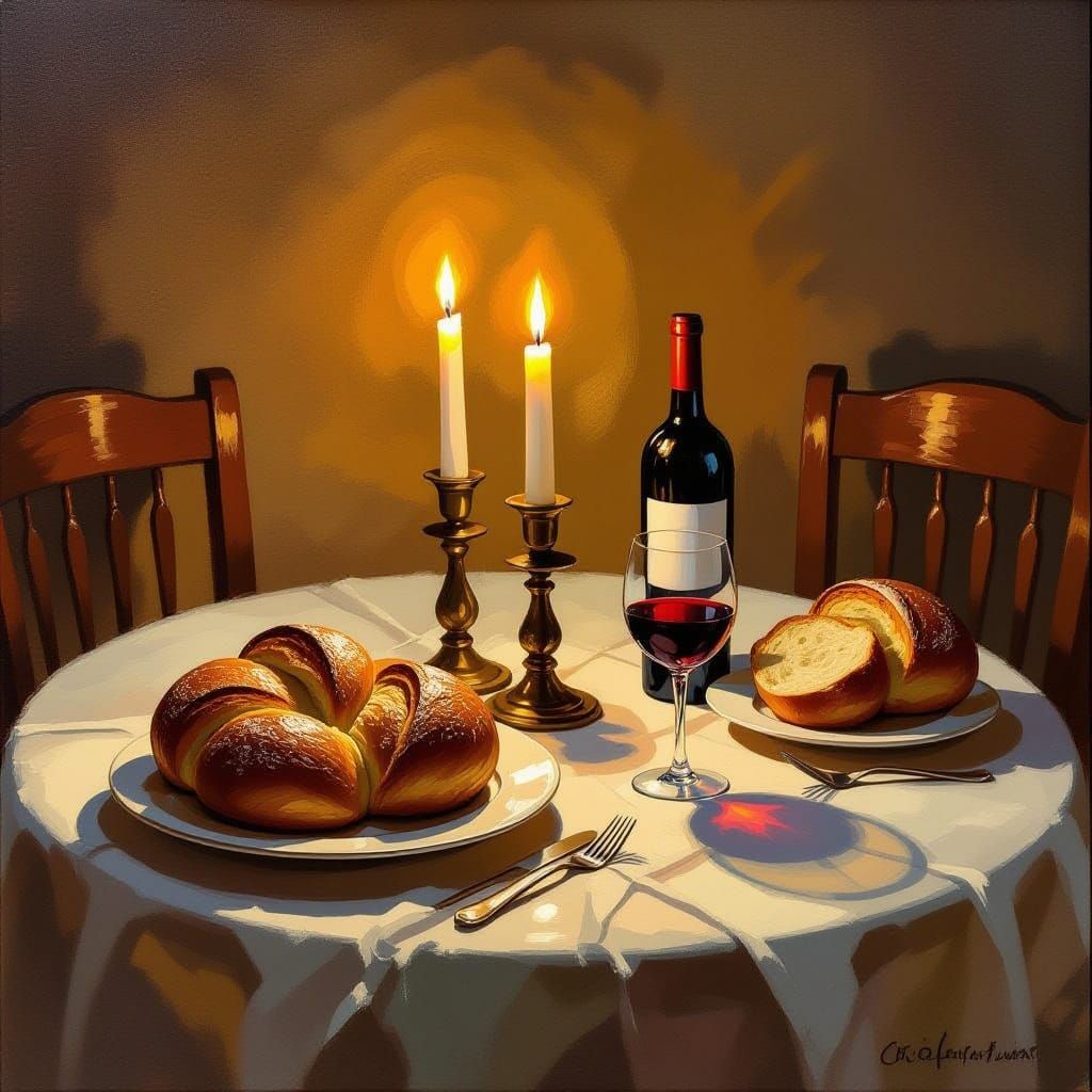 Shabbat Candles Glow in Warm Realistic Oil Painting