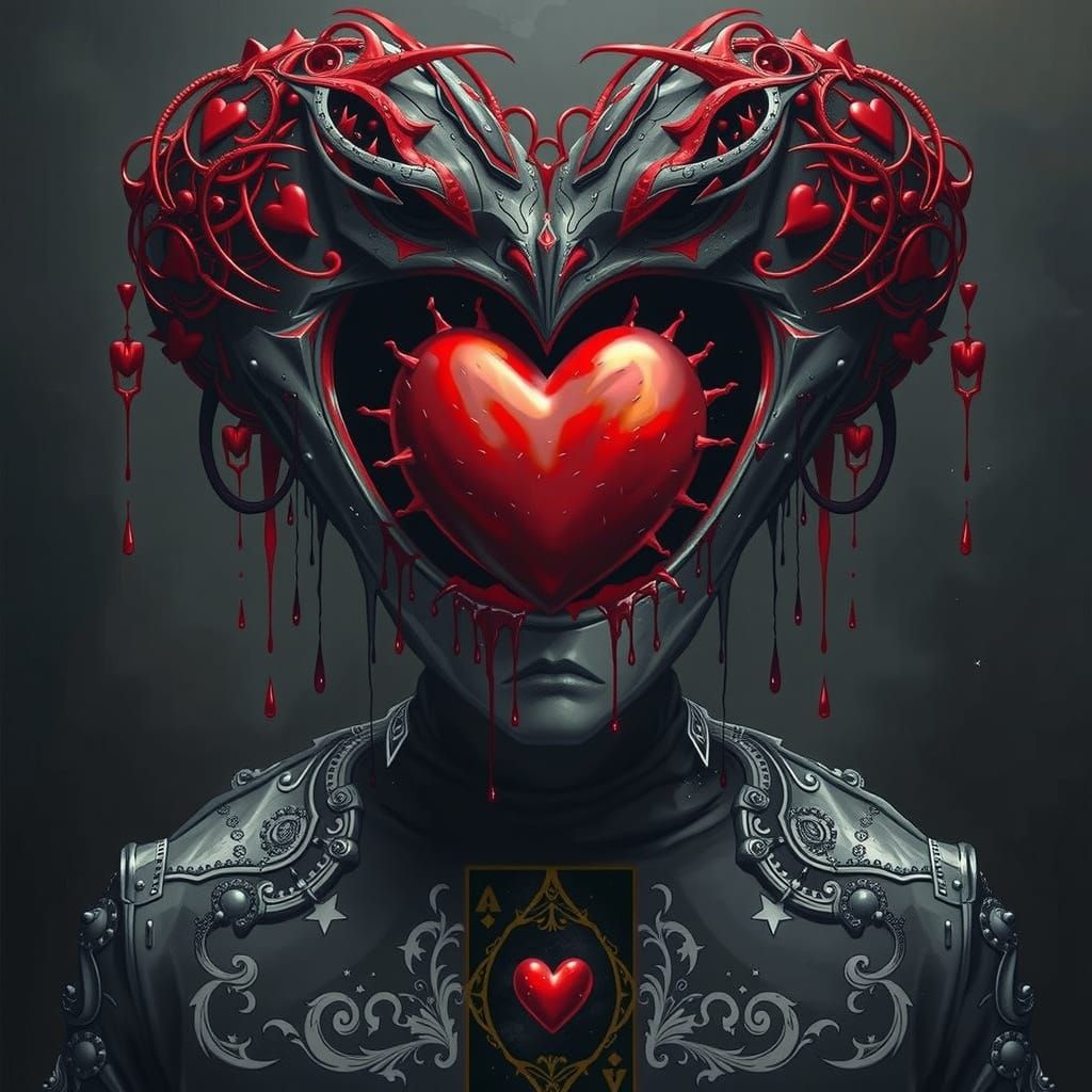 Ace  of Hearts personified , A red heart  of emotions stands out against the graphite grayscale , emerges from a hole in a  card