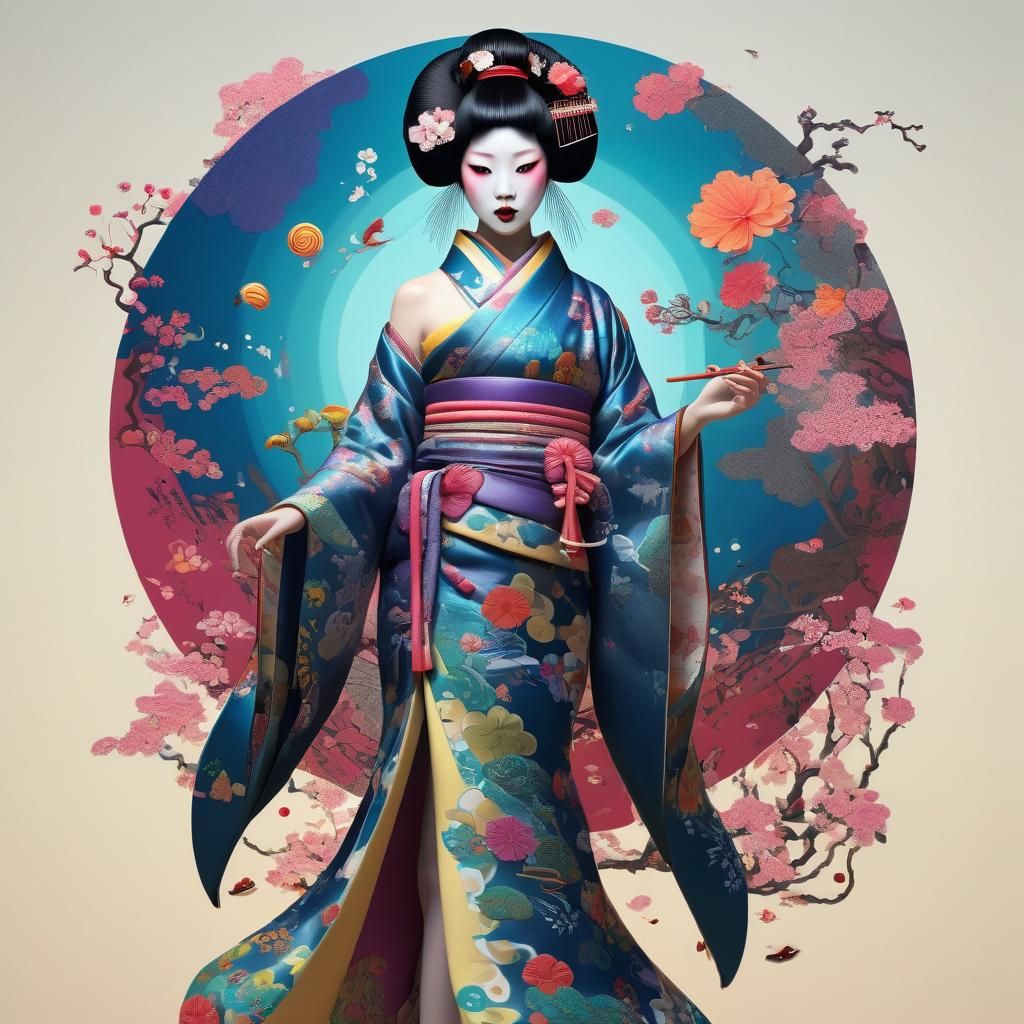 Colorful Geisha in Candyland: Digital Illustration