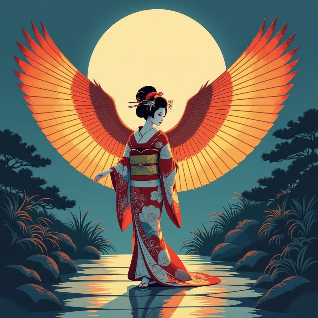 Geisha's Sunset Fan Dance: Ukiyo-e Style
