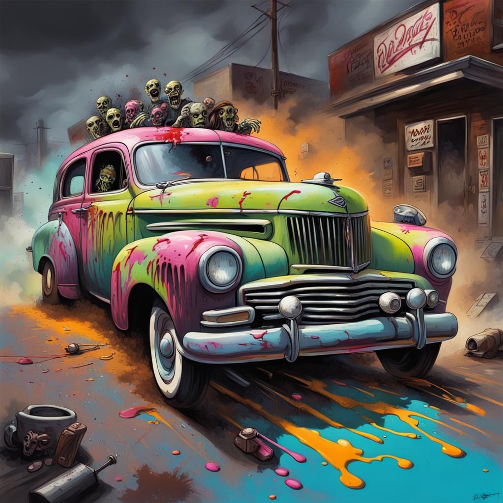 Zombie's drag racing in a broken down jalopy