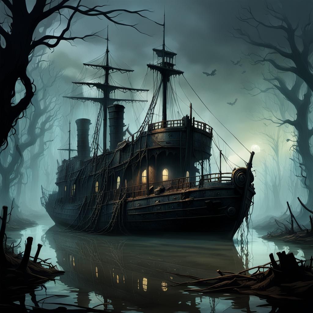 Gothic Victorian Ship in a Haunting Swamp Scene