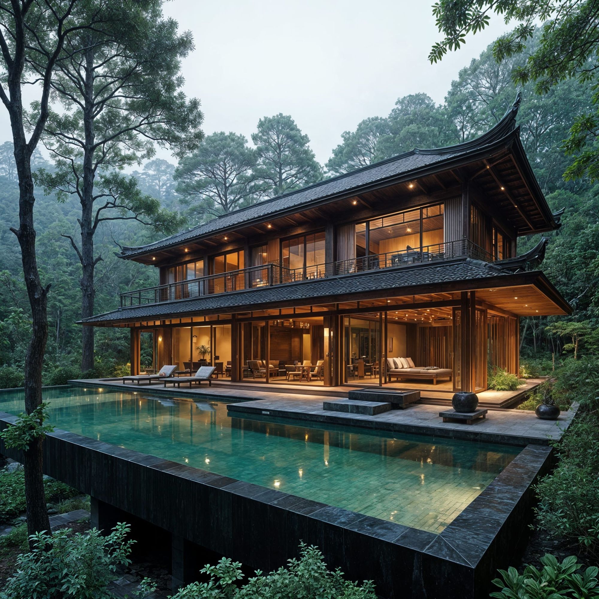 Japan style luxury villa in the middle  of forest, wooden details with black, outside infinity pool,  dark green marble floors, plants, soft...