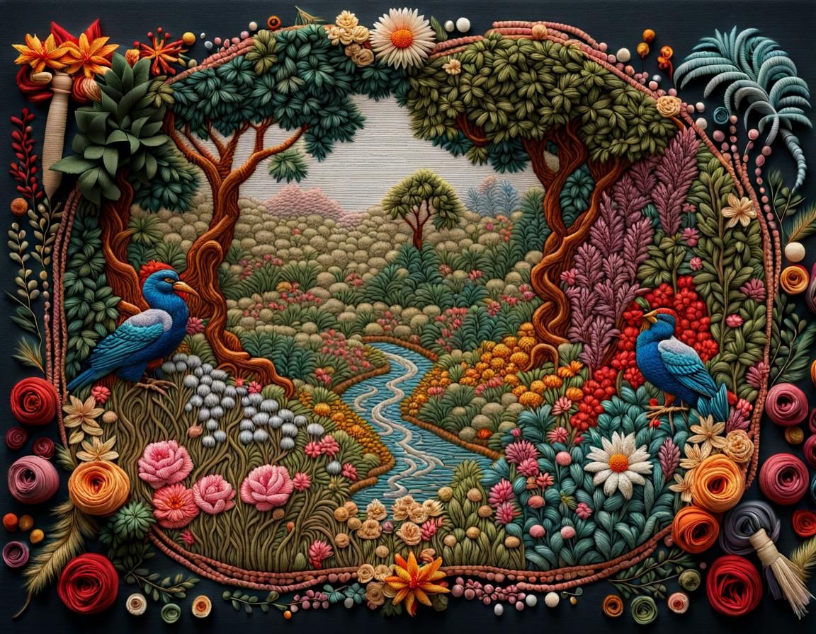 Garden of Eden Embroidery, Fine Detail, woven scene, fabric,...