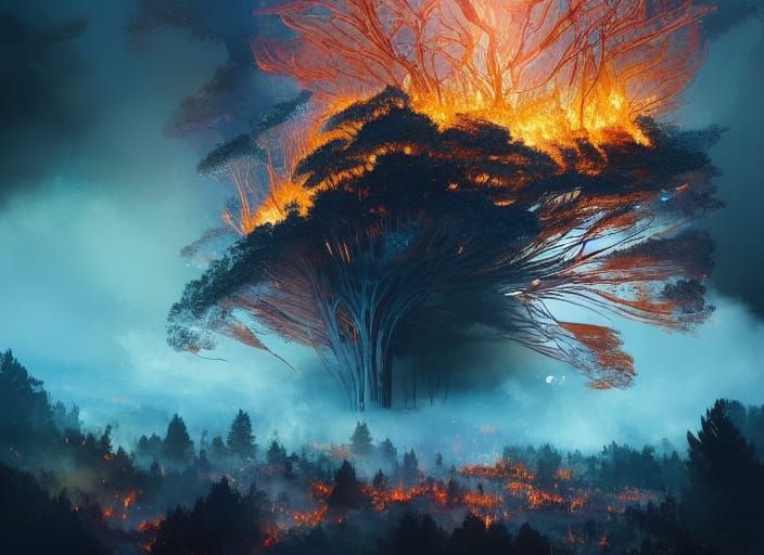 "burning forest!!! fire!! sparks!!", epic hyperdetailed digi...