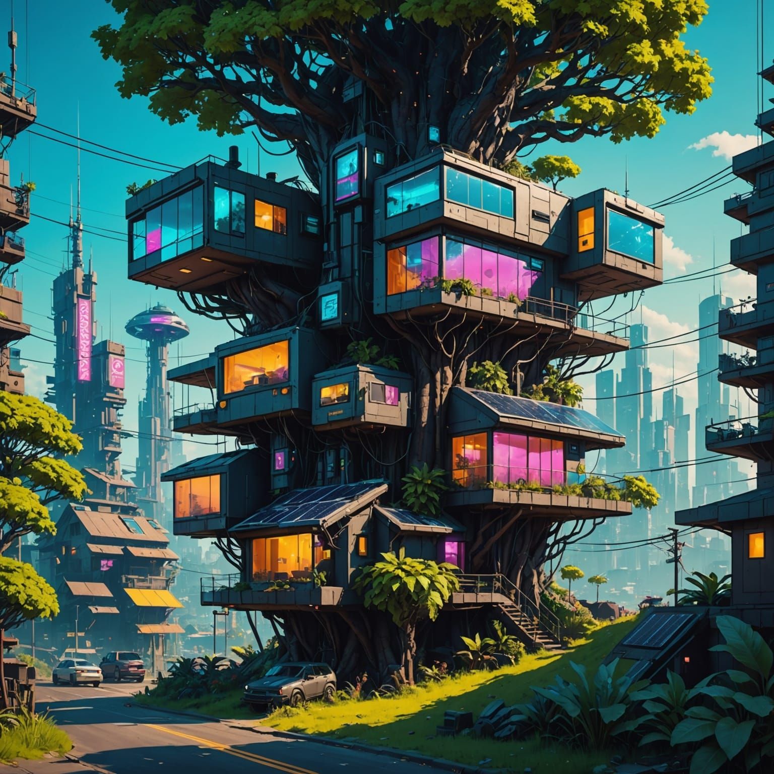 A solarpunk treehouse neighborhood where everyone lives in tree houses, solar panels are the energy, ...  by @HermionieSheHulkNinja