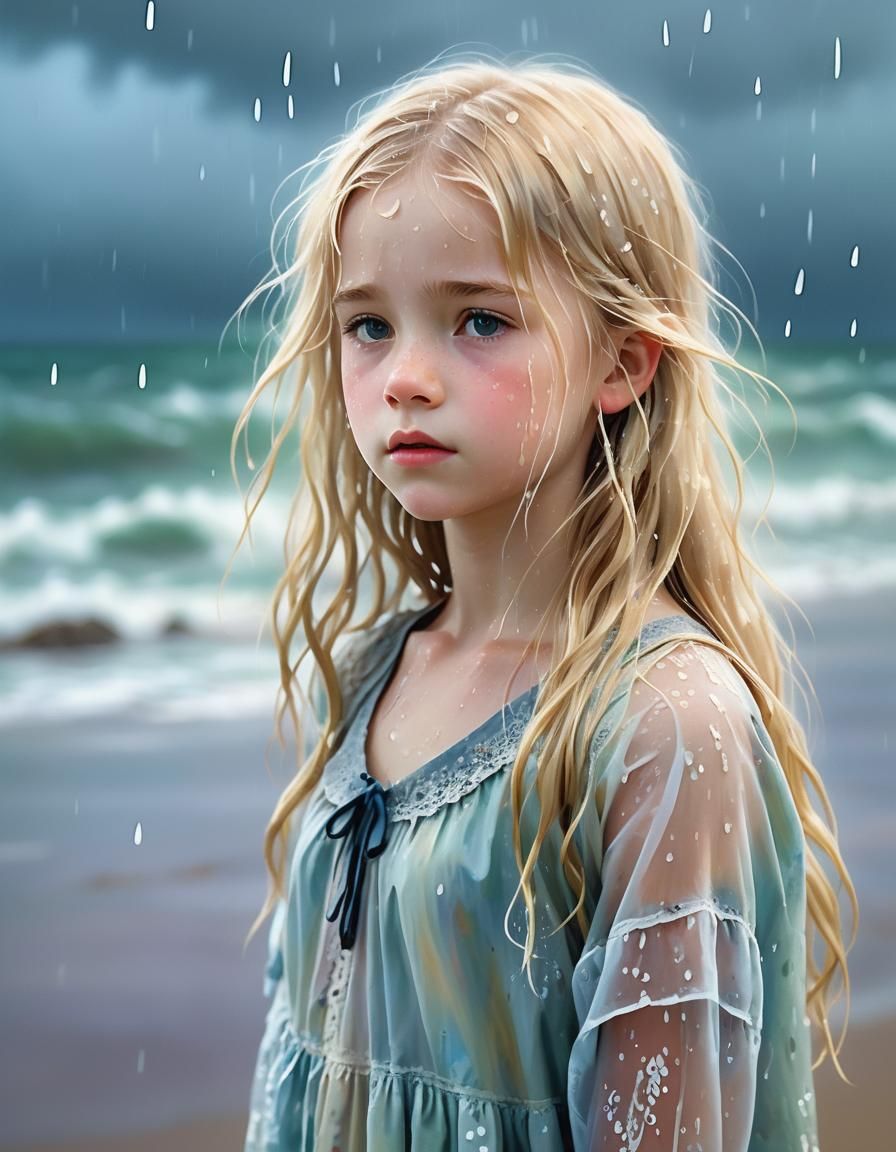 Impressionist Girl in Rain on Beach