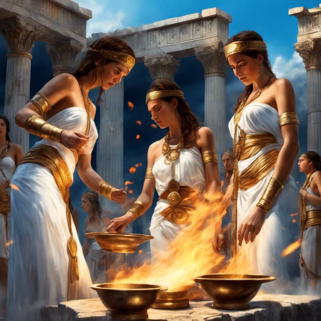 550 BCE Amazonian priestesses with wavy brown hair , blue sk...