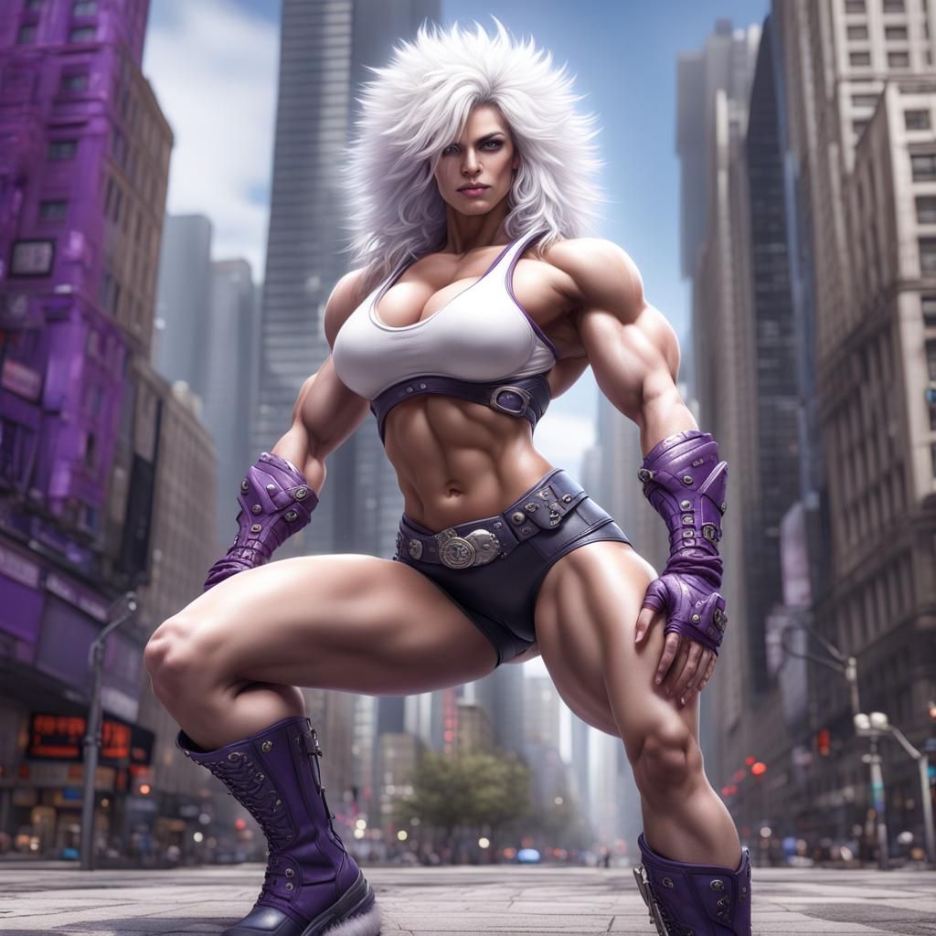 70 year old female bodybuilder with a beautiful face, white hair, a  prominent nose, and absolutely enormous huge colossal muscles completely  - AI Generated Artwork - NightCafe Creator