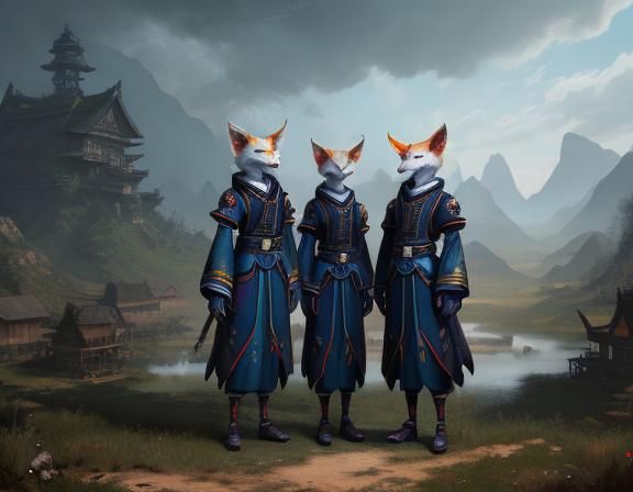 twin alien kitsune women, wearing identical uniforms, standi...