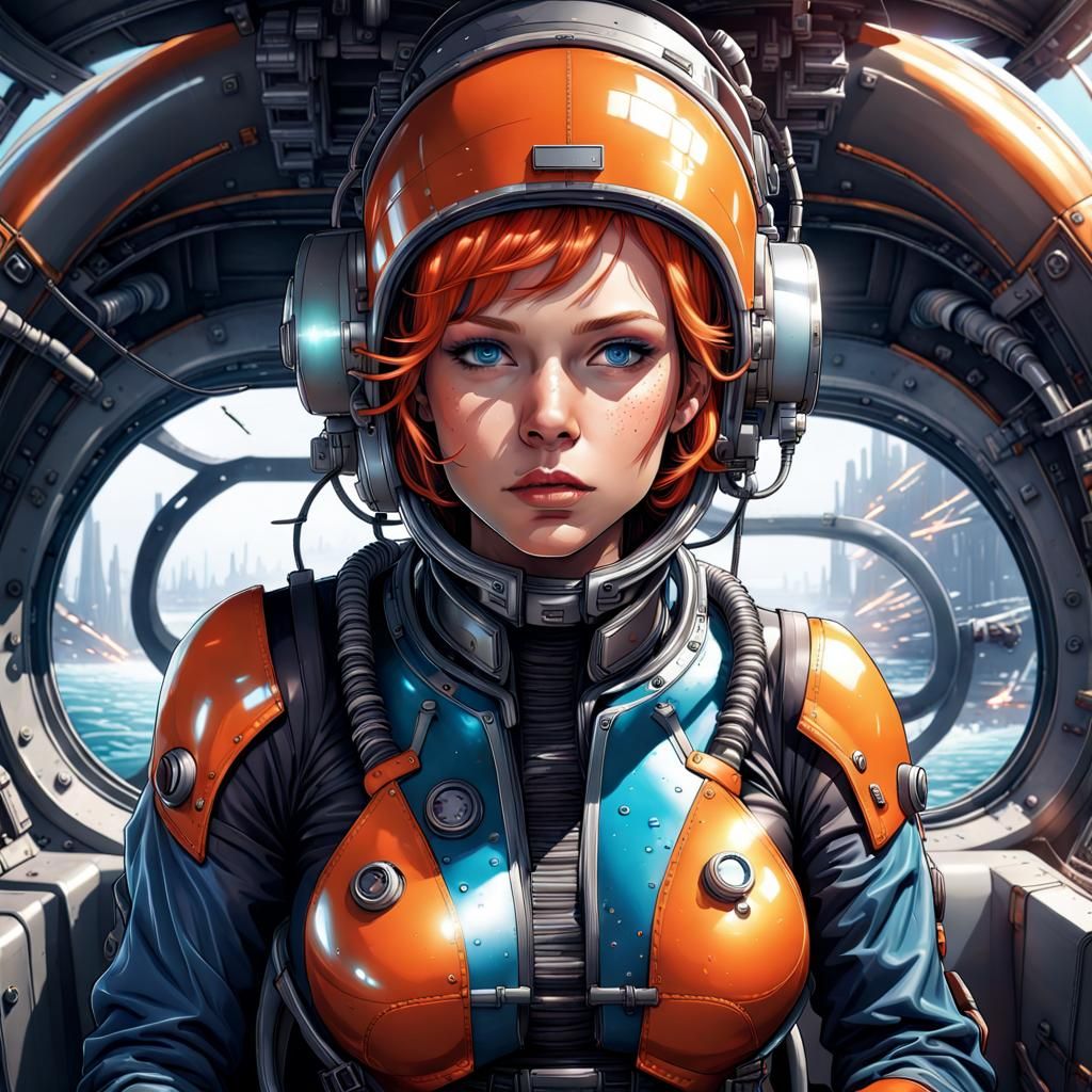 1girl Blue Eyes Orange Hair Bodysuit Large Bosom Cockpit Full Body Shot Headgear 2869