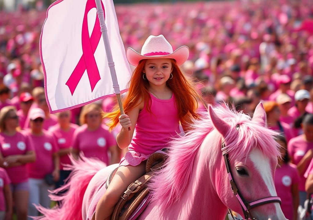 A young girl with deep red hair carries a white flag emblazoned with a pink cancer awareness ribbon while ...  by @Radobe