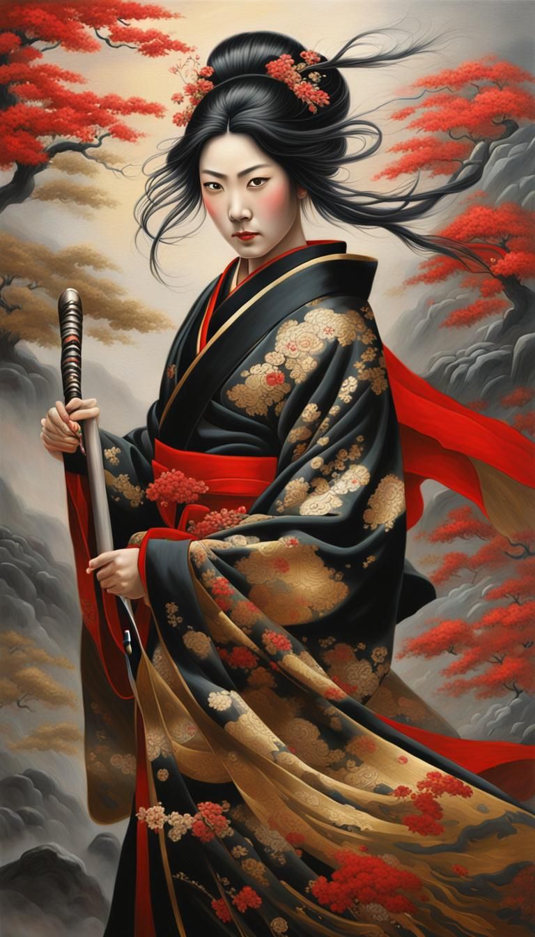 Realistic oil painting of an 18-year-Gorgeous Japanese godde...