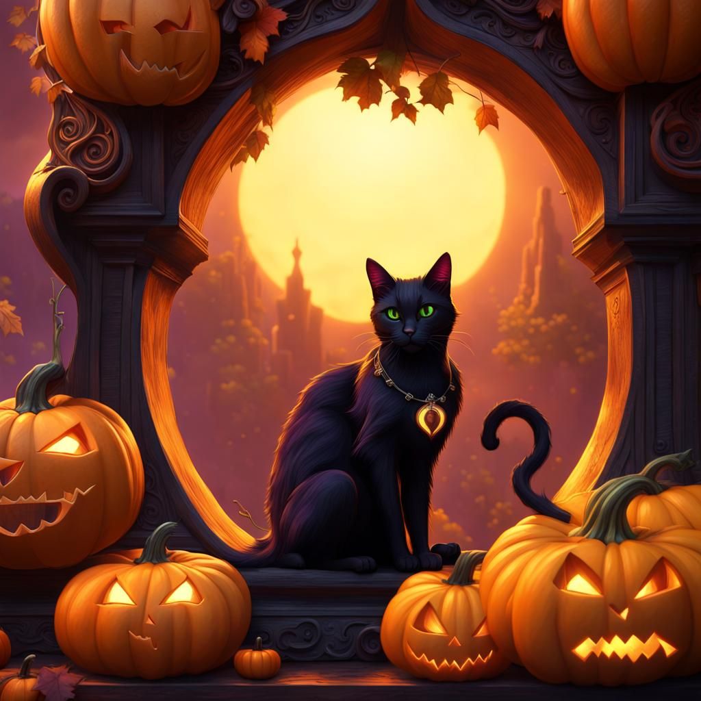 black cat sitting on a carved pumpkin - AI Generated Artwork ...