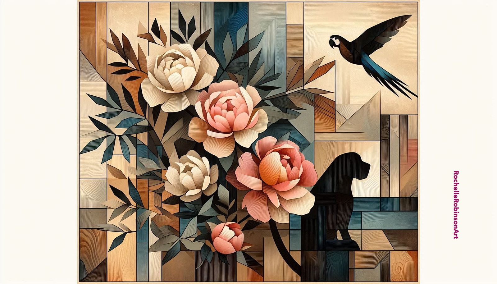 Parrot Dog Peonies Cubism