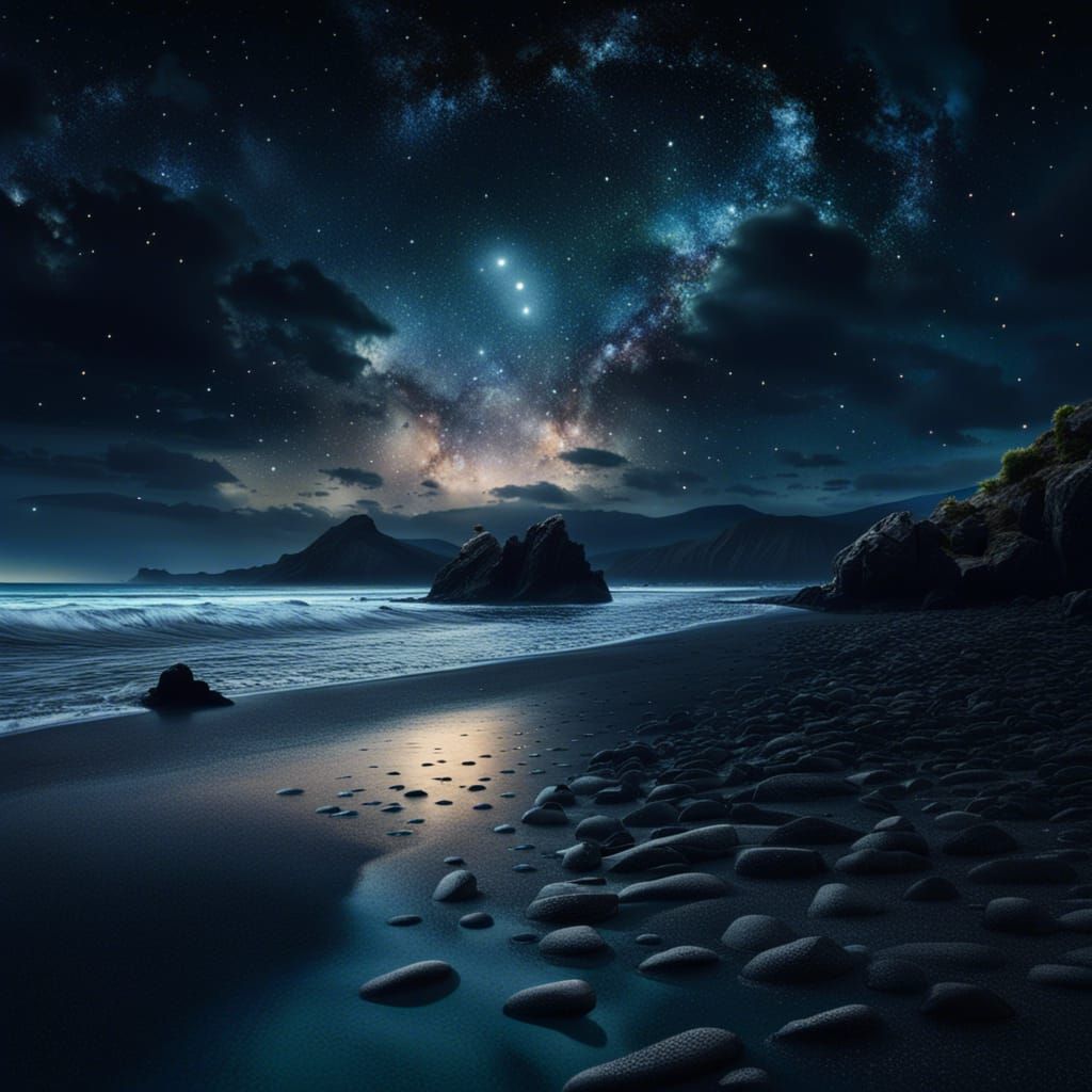 a beach with black sand on a luminescent water under a starry night  by @Valerie_A