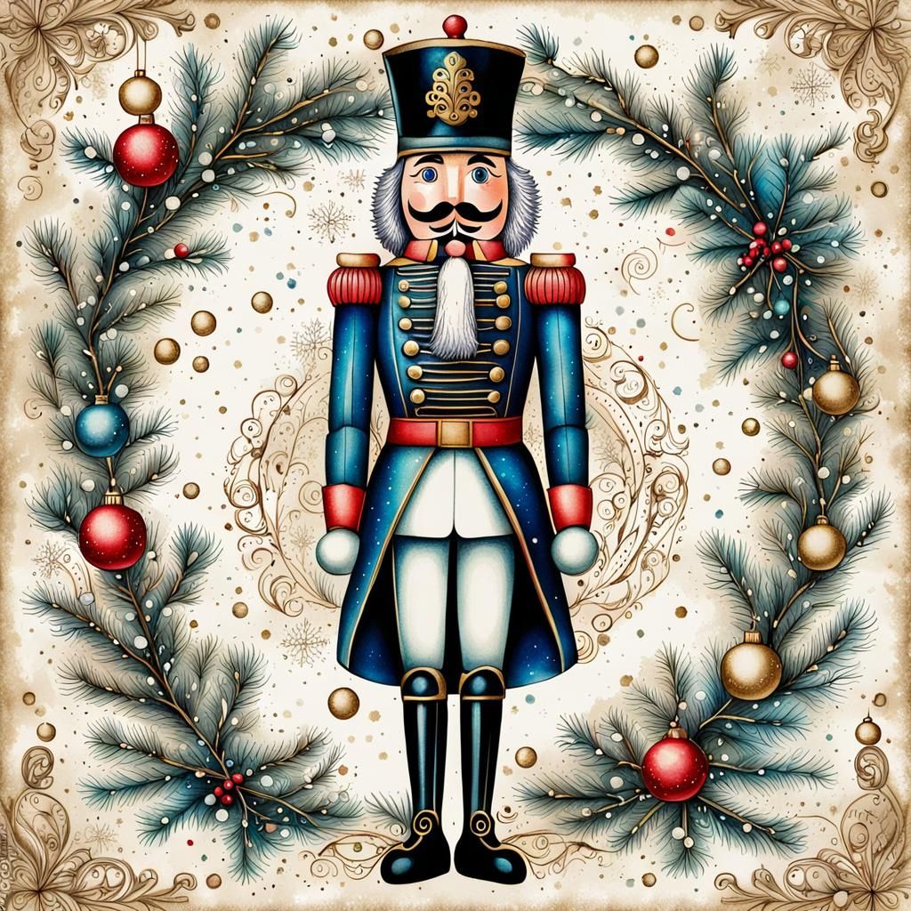(detailed ink drawing of a Nutcracker, in a chic uniform, on...