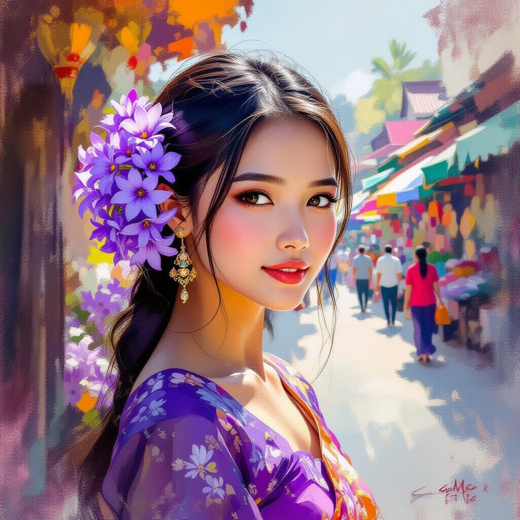 A young woman with a bouquet of water hyacinth on her hair.  by @Nutti3ism