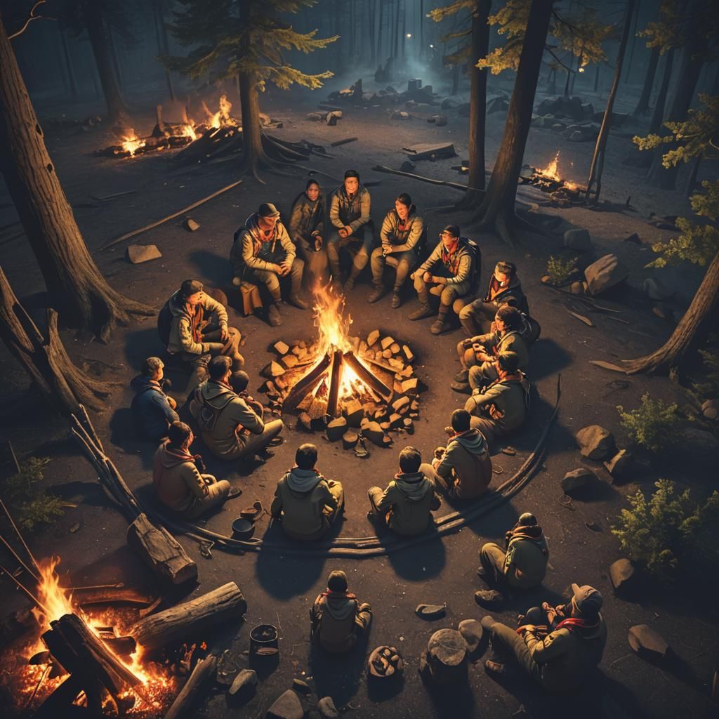 Scouts sitting around a camp fire in the night . You can’t s...